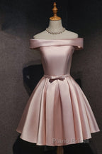 Cute Pink Satin Off Shoulder Knee Length Formal Dresses, Lovely Formal Prom Dresses