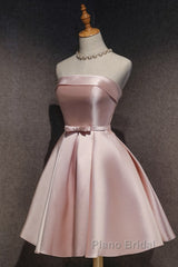Cute Pink Satin Scoop Knee Length Short Formal Prom Dresses Homecoming Dresses, Pink Formal Dresses
