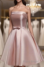 Cute Pink Satin Scoop Knee Length Short Formal Prom Dresses Homecoming Dresses, Pink Formal Dresses