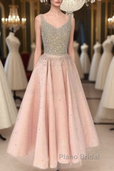 Cute Pink Sequin Tea-Long Formal Prom Dresses, Pink Sequin Formal Dresses For Teens