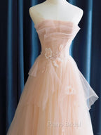 Cute Pink  Strapless Tulle Long Formal Dresses with Flowers, Pink Tulle Formal Prom Dresses