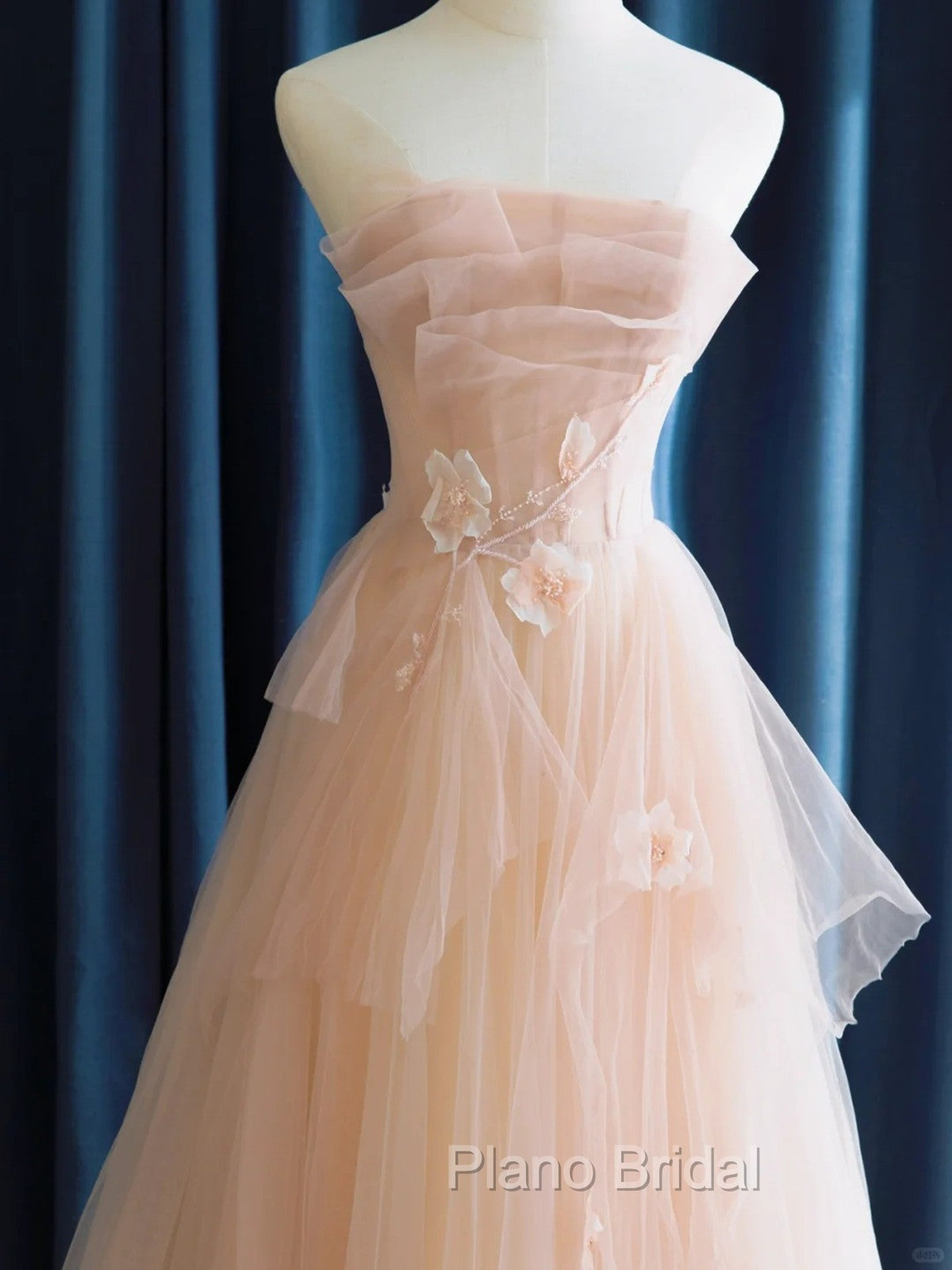 Cute Pink  Strapless Tulle Long Formal Dresses with Flowers, Pink Tulle Formal Prom Dresses