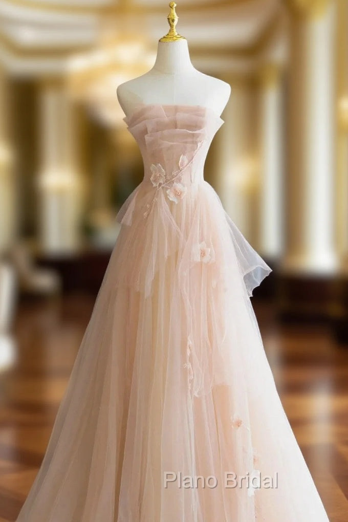 Cute Pink  Strapless Tulle Long Formal Dresses with Flowers, Pink Tulle Formal Prom Dresses Main image