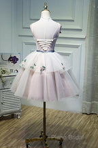 Cute Pink Tulle Short Flowers Lace Layers Formal Dresses, Pink Short Homecoming Dresses