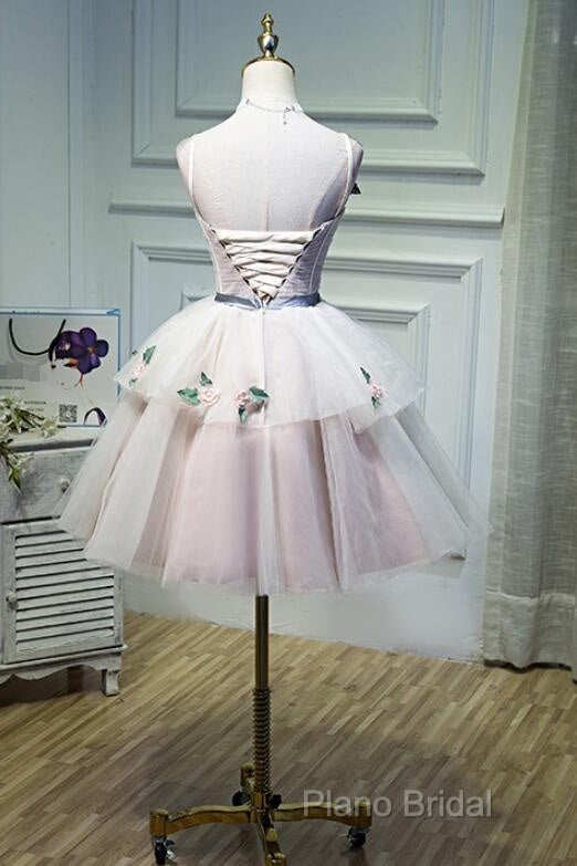 Cute Pink Tulle Short Flowers Lace Layers Formal Dresses, Pink Short Homecoming Dresses