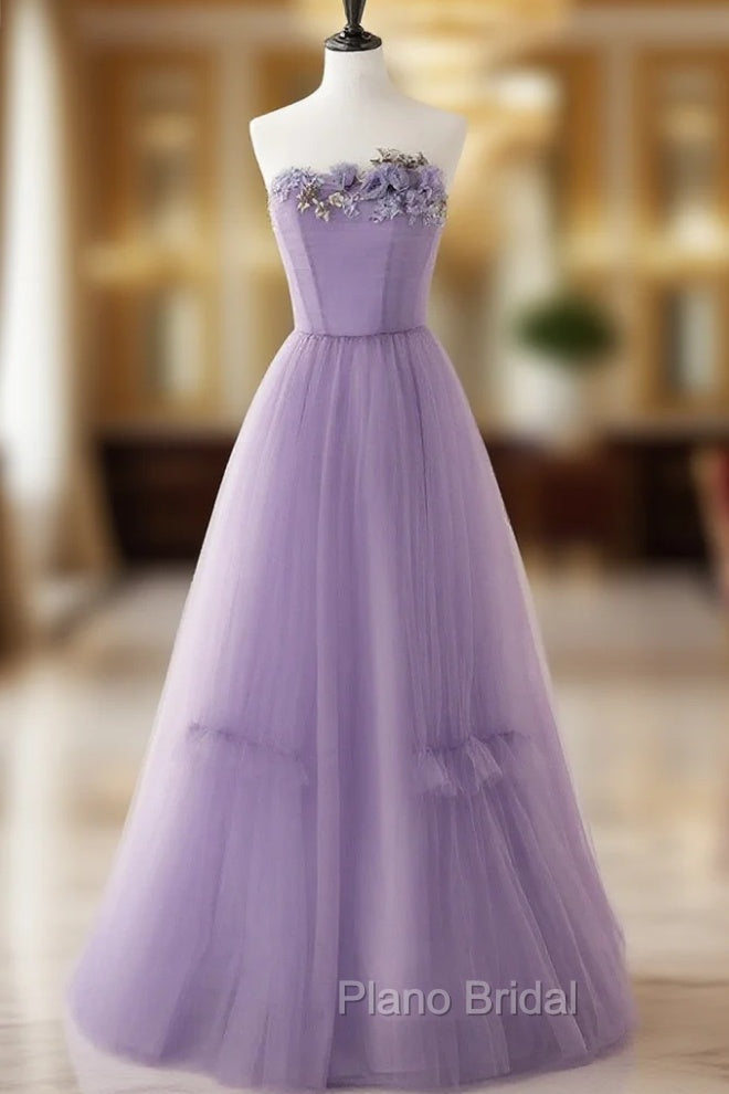 Cute Purple Tulle A-Line Long Formal Prom Dresses With Flowers, Purple Tulle Party Dresses Main image