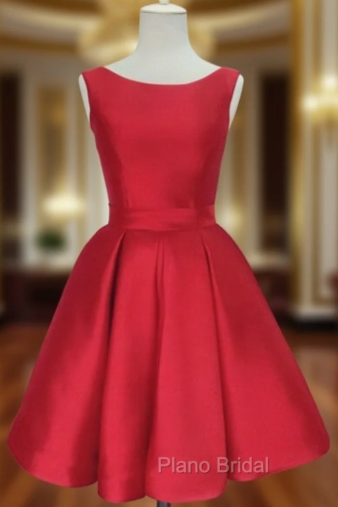 Cute Red Satin Scoop Sleeveless Short Party Dresses, Red Homecoming Dresses Main image