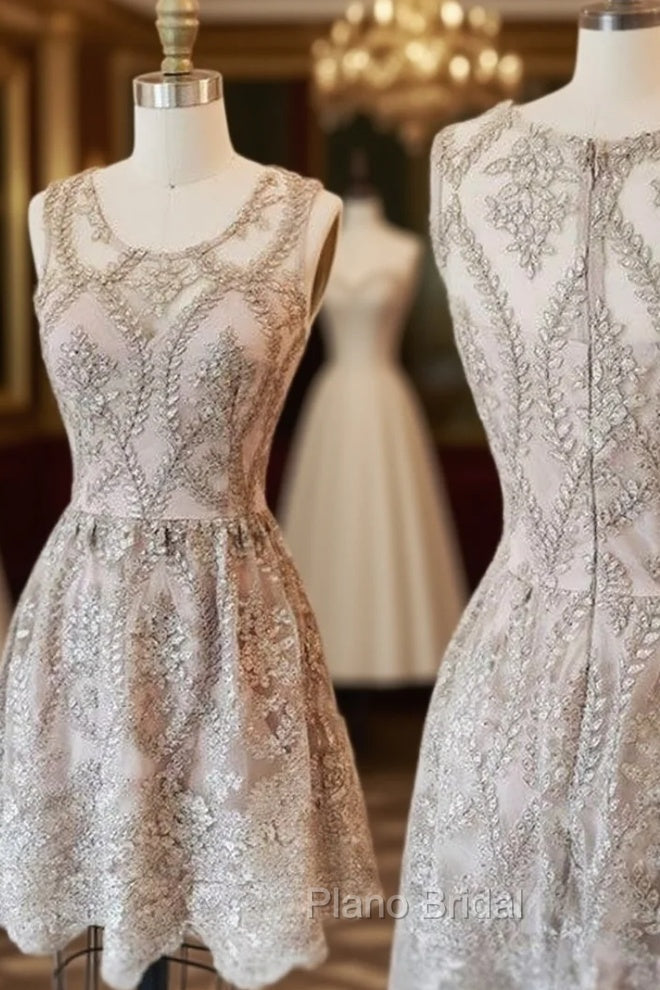 Cute Round Neck Lace Short Formal Prom Dresses, Homecoming Dresses, Bridesmaid Dresses