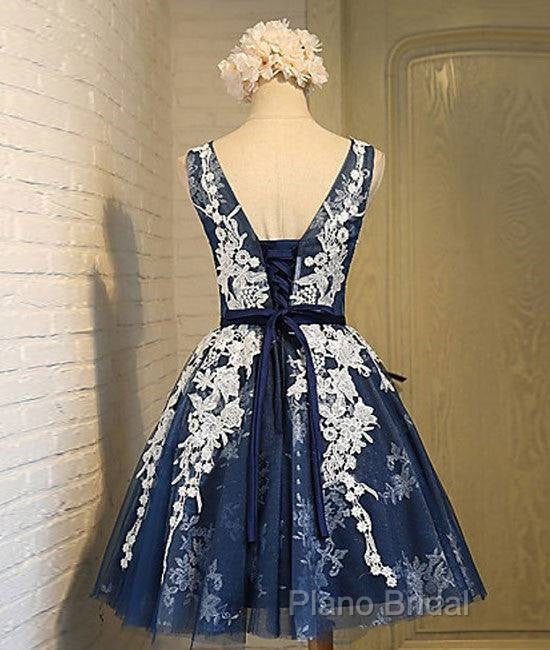 Cute Round Neck Lace Tulle Dark Blue Short Formal Prom Dresses, Bridesmaid Dresses
