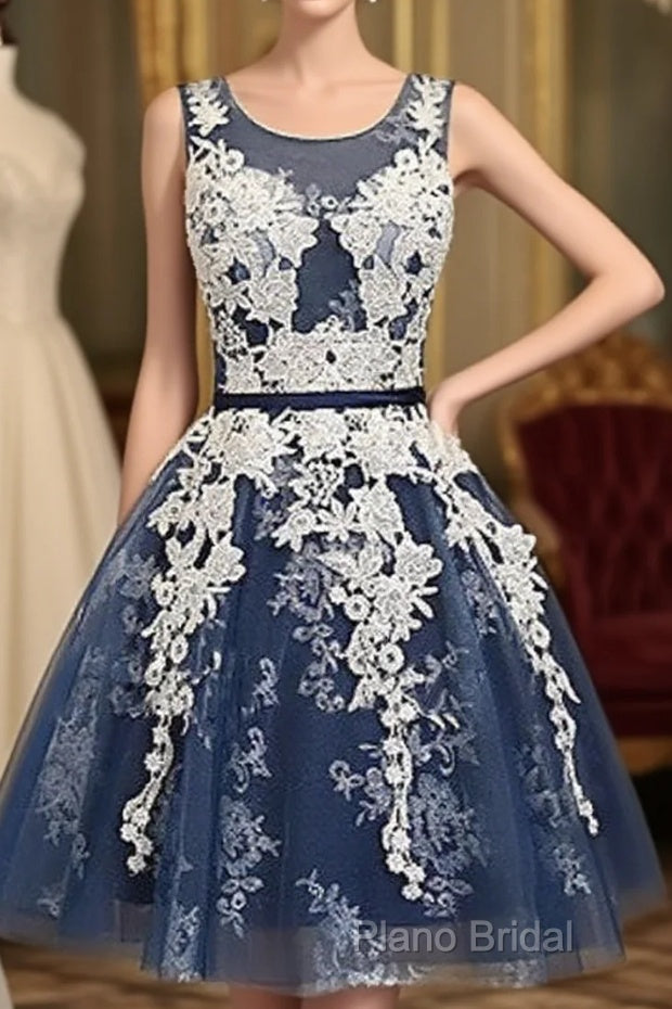 Cute Round Neck Lace Tulle Dark Blue Short Formal Prom Dresses, Bridesmaid Dresses