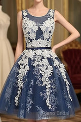 Cute Round Neck Lace Tulle Dark Blue Short Formal Prom Dresses, Bridesmaid Dresses
