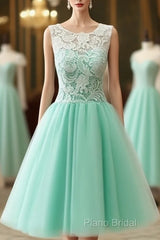 Cute Round Neck Lace Tulle Short Green Formal Prom Dresses, Bridesmaid Dresses