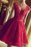 Cute Round Neck Red Lace Short Formal Prom Dresses, Red Homecoming Dresses