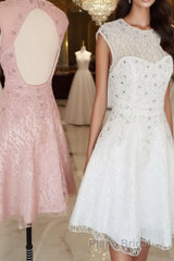 Cute round neck tulle lace short Formal Prom dress lace bridesmaid dress