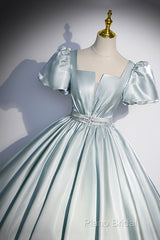 Cute Satin Floor Length Formal Prom Dresses, A-Line Short Sleeve Formal Party Dresses