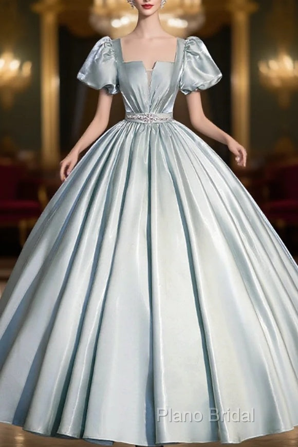 Cute Satin Floor Length Formal Prom Dresses, A-Line Short Sleeve Formal Party Dresses Main image