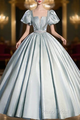 Cute Satin Floor Length Formal Prom Dresses, A-Line Short Sleeve Formal Party Dresses