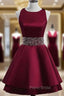 Cute Satin Knee Length Cross Back Beaded Party Dresses, Homecoming Dresses