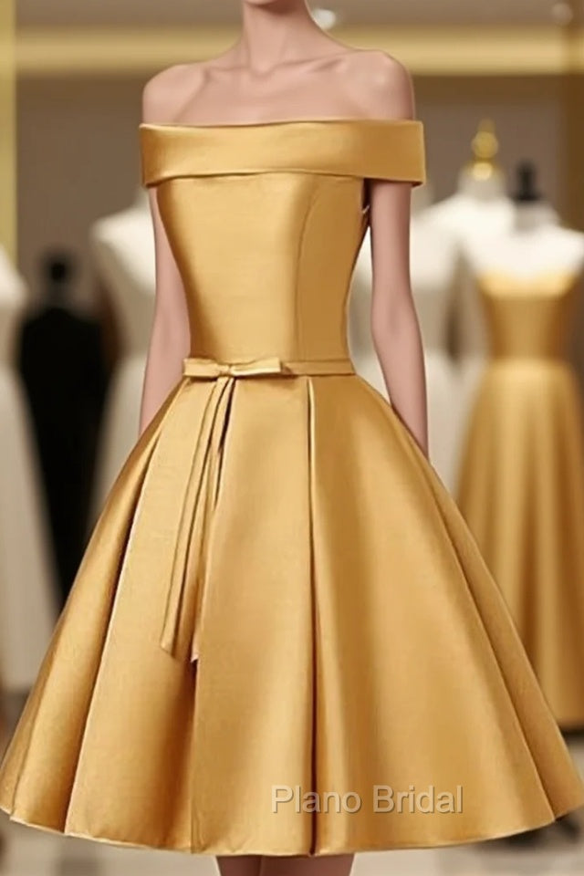Cute Satin Knee Length Off Shoulder Homecoming Dresses, Formal Prom Dresses