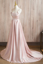 Cute Satin Long A-Line Pink Formal Prom Dresses, Spaghetti Straps Evening Dresses