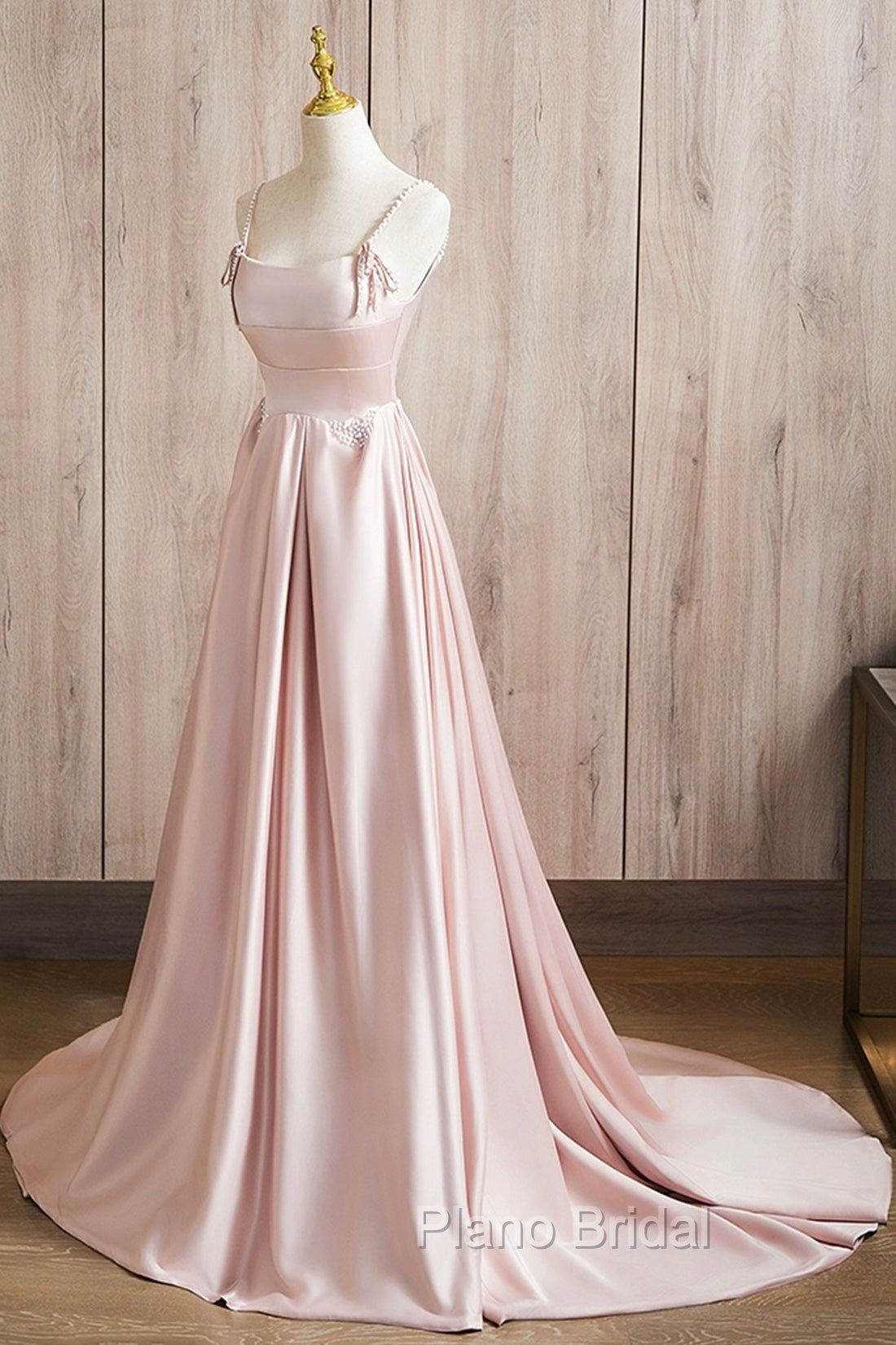 Cute Satin Long A-Line Pink Formal Prom Dresses, Spaghetti Straps Evening Dresses