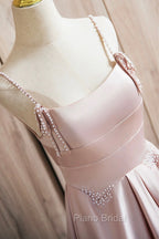 Cute Satin Long A-Line Pink Formal Prom Dresses, Spaghetti Straps Evening Dresses