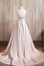Cute Satin Long A-Line Pink Formal Prom Dresses, Spaghetti Straps Evening Dresses