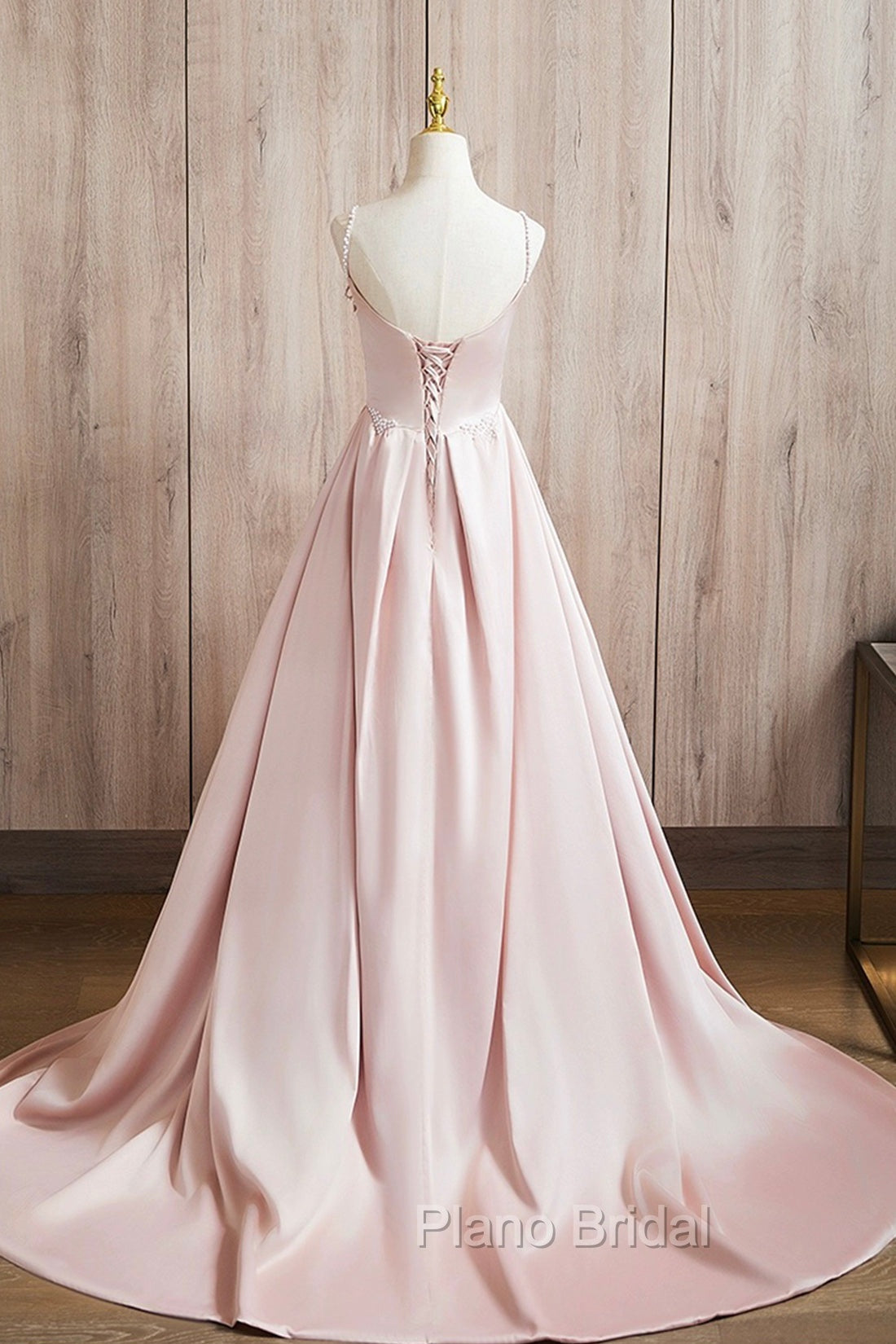 Cute Satin Long A-Line Pink Formal Prom Dresses, Spaghetti Straps Evening Dresses