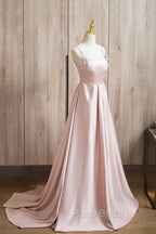 Cute Satin Long A-Line Pink Formal Prom Dresses, Spaghetti Straps Evening Dresses