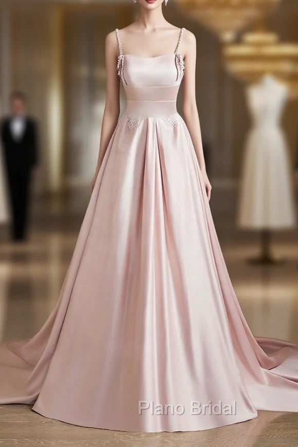 Cute Satin Long A-Line Pink Formal Prom Dresses, Spaghetti Straps Evening Dresses