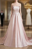 Cute Satin Long A-Line Pink Formal Prom Dresses, Spaghetti Straps Evening Dresses