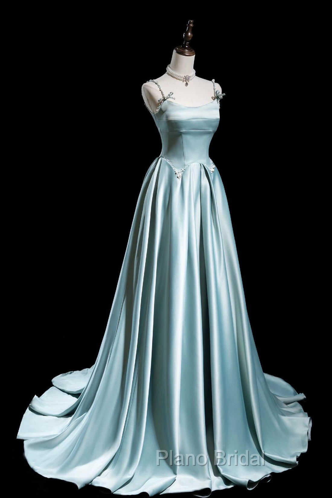 Cute Satin Long A-Line Formal Prom Dresses, Ice Blue Spaghetti Straps Evening Dresses Secondary image
