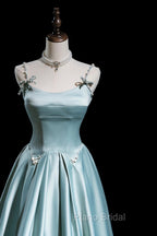 Cute Satin Long A-Line Formal Prom Dresses, Ice Blue Spaghetti Straps Evening Dresses