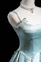 Cute Satin Long A-Line Formal Prom Dresses, Ice Blue Spaghetti Straps Evening Dresses