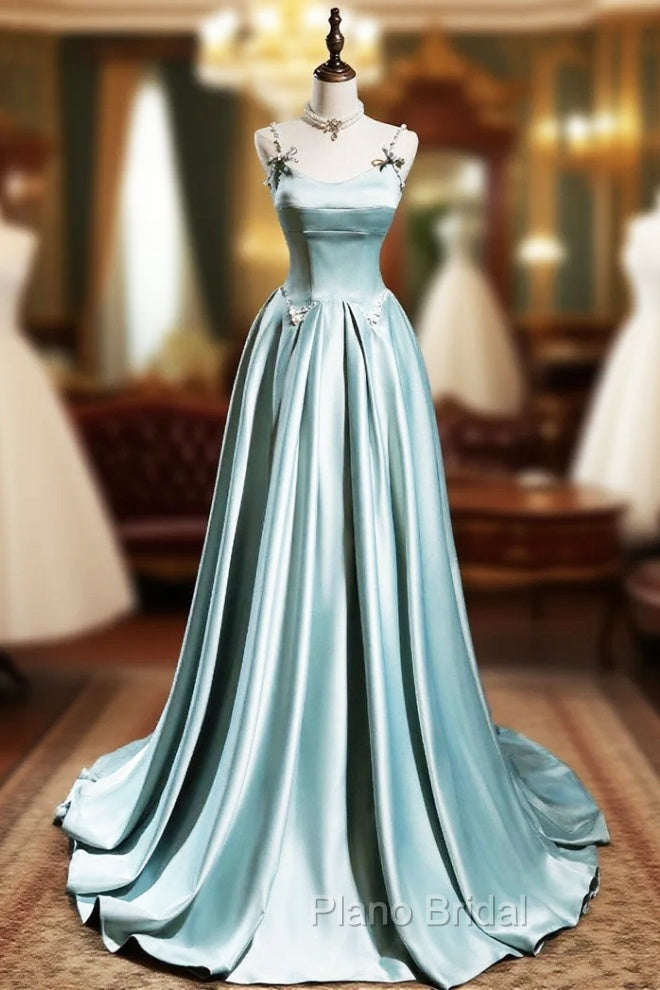 Cute Satin Long A-Line Formal Prom Dresses, Ice Blue Spaghetti Straps Evening Dresses Main image