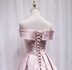 Cute Satin Pink Sweetheart Off Shoulder Knee Length Party Dresses, Short Formal Prom Dresses