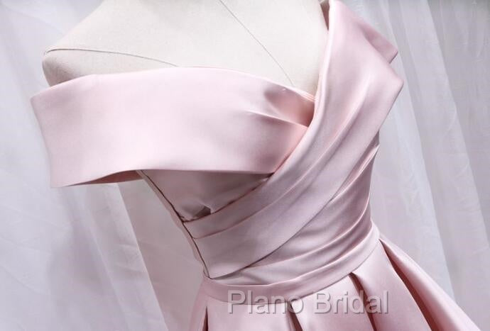Cute Satin Pink Sweetheart Off Shoulder Knee Length Party Dresses, Short Formal Prom Dresses