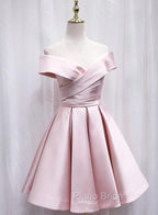 Cute Satin Pink Sweetheart Off Shoulder Knee Length Party Dresses, Short Formal Prom Dresses