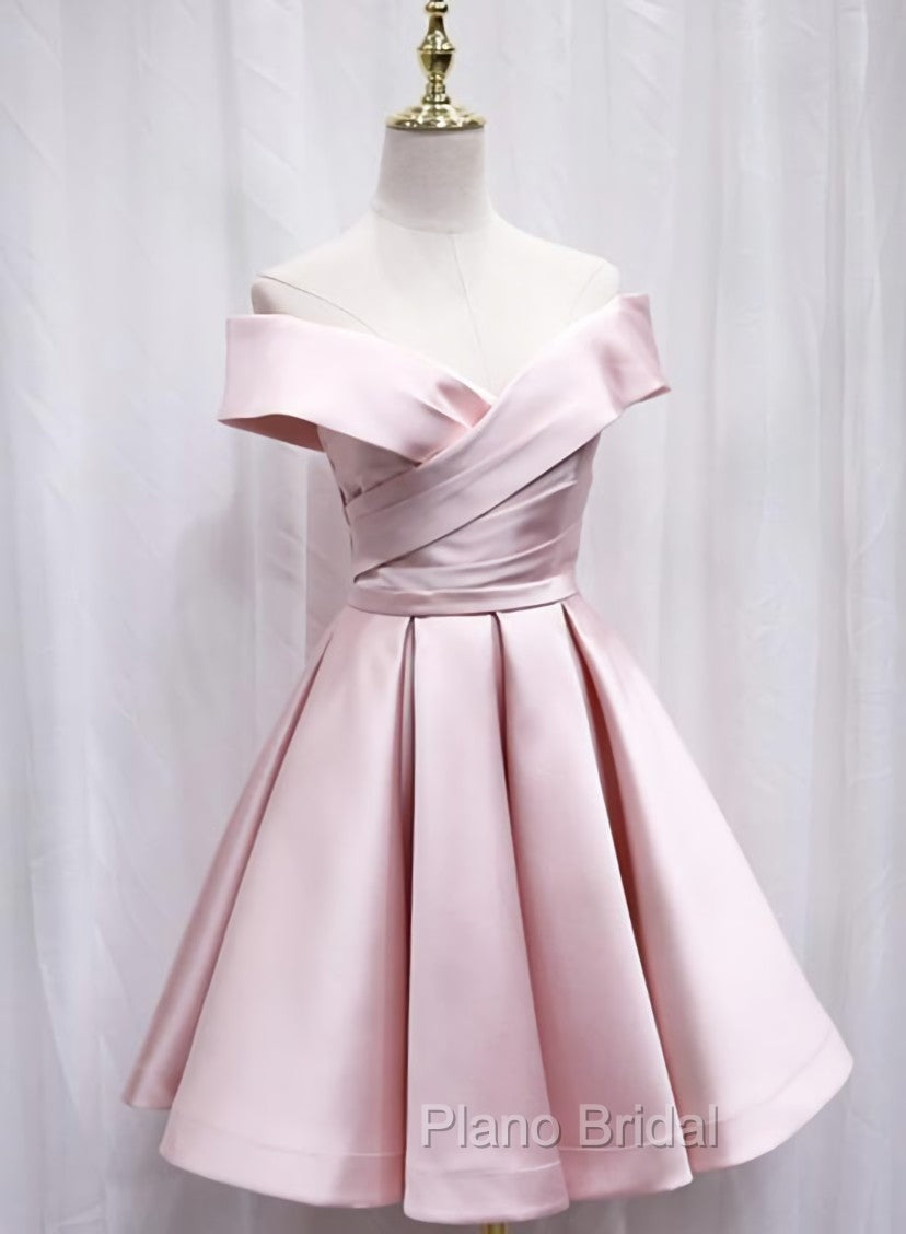 Cute Satin Pink Sweetheart Off Shoulder Knee Length Party Dresses, Short Formal Prom Dresses