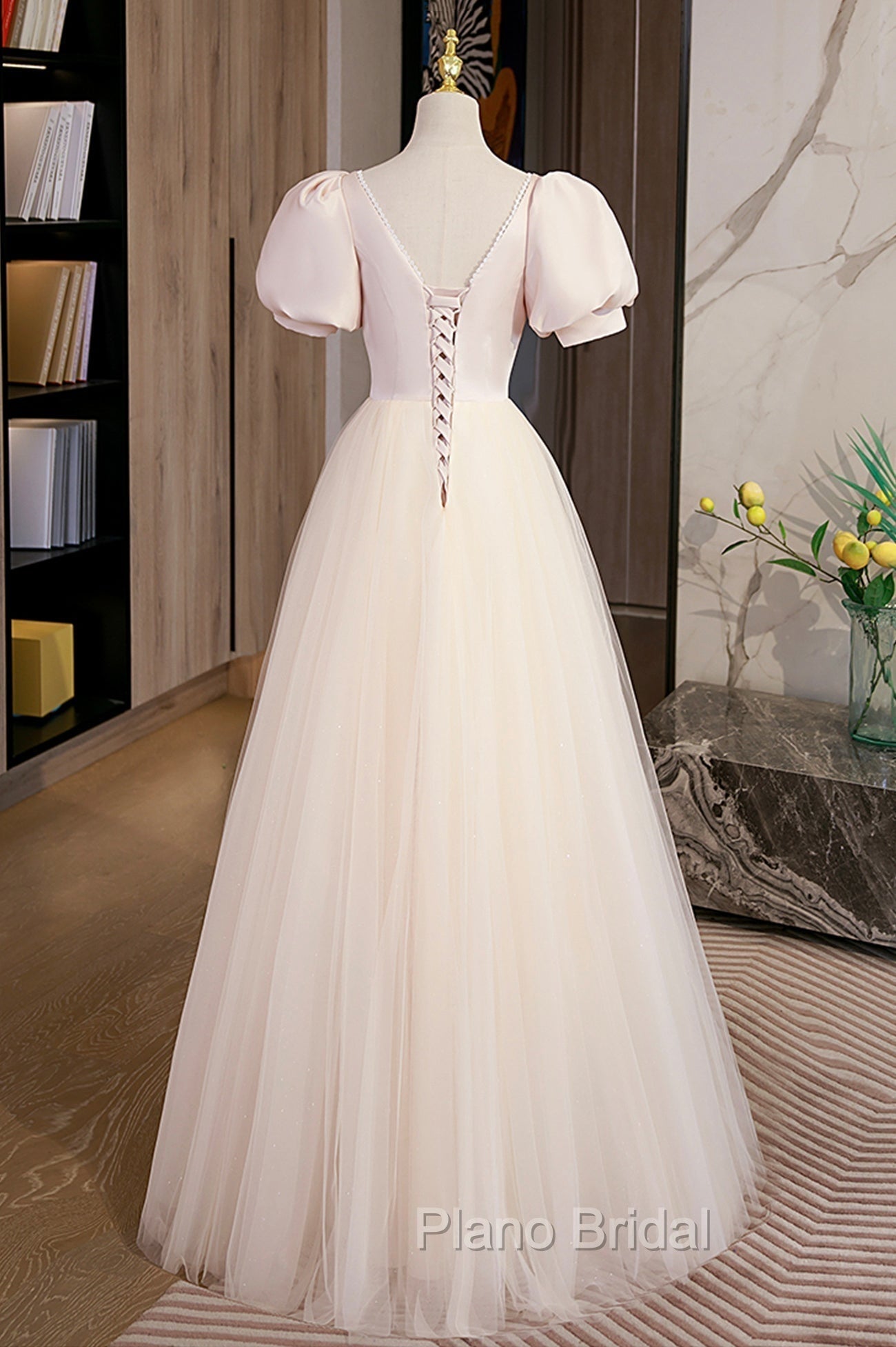 Cute Satin Tulle Long Formal Prom Dresses, A-Line Short Sleeve Evening Dresses