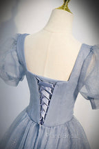 Cute Shiny Tulle Long Formal Prom Dresses, A-Line Short Sleeve Evening Party Dresses