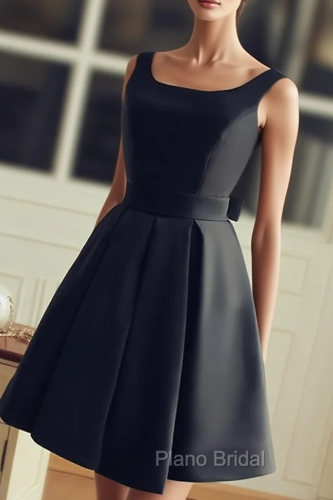 Cute Short Black Satin Knee Length Homecoming Dresses, Black Party Dresses