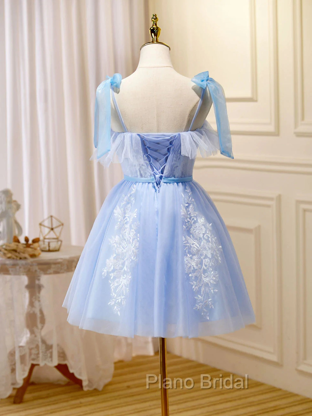 Cute Short Blue Lace Formal Prom Dresses, Short Blue Lace Formal Graduation Dresses