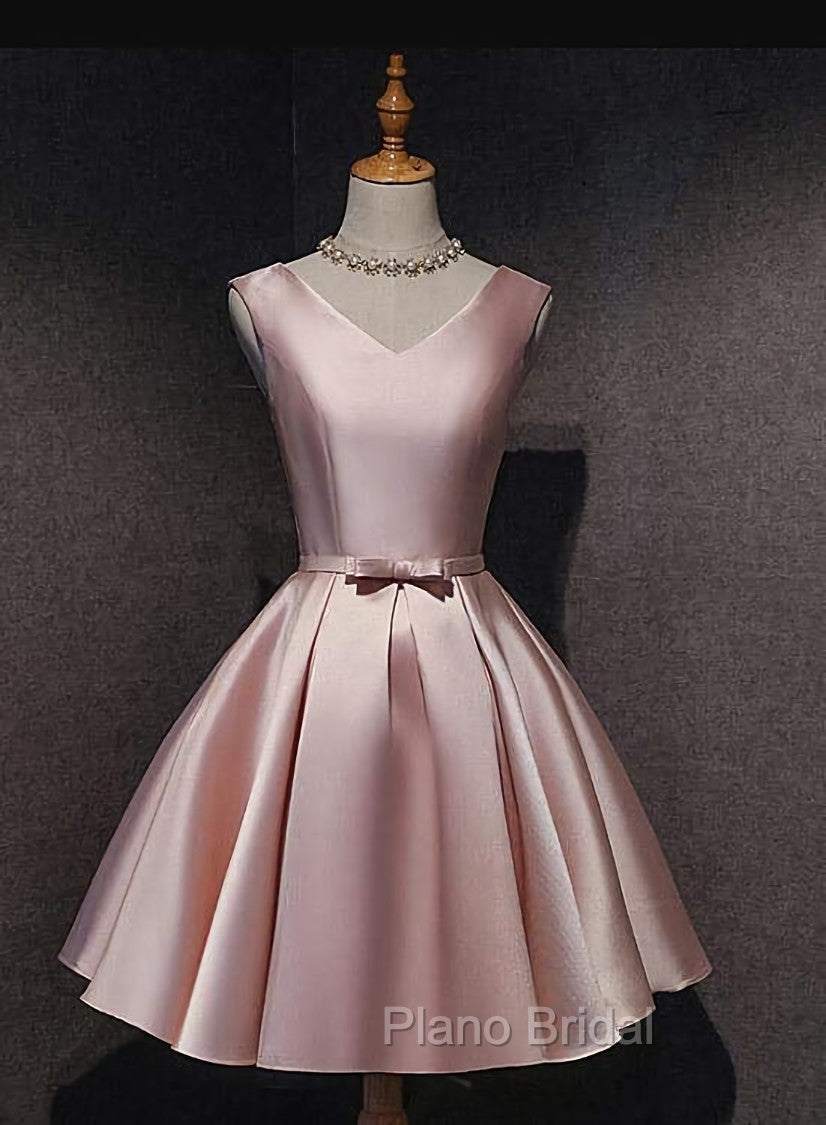 Cute Short Satin Pink V-neckline Knee Length Party Dresses, Pink Formal Prom Dresses Homecoming Dresses Main image