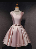 Cute Short Satin Pink V-neckline Knee Length Party Dresses, Pink Formal Prom Dresses Homecoming Dresses
