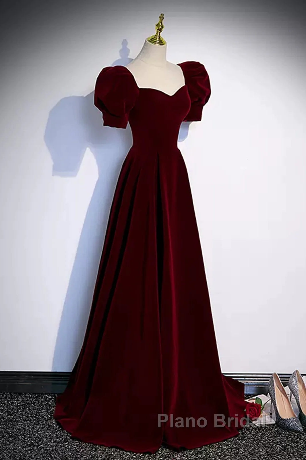 Cute Short Sleeves Burgundy Long Formal Prom Dresses