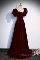 Cute Short Sleeves Burgundy Long Formal Prom Dresses