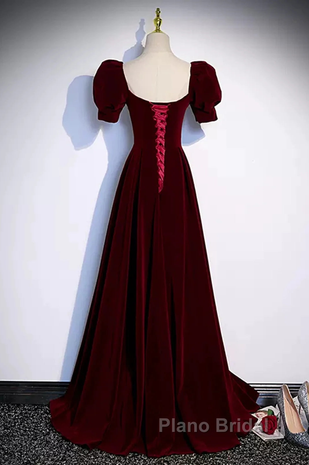 Cute Short Sleeves Burgundy Long Formal Prom Dresses