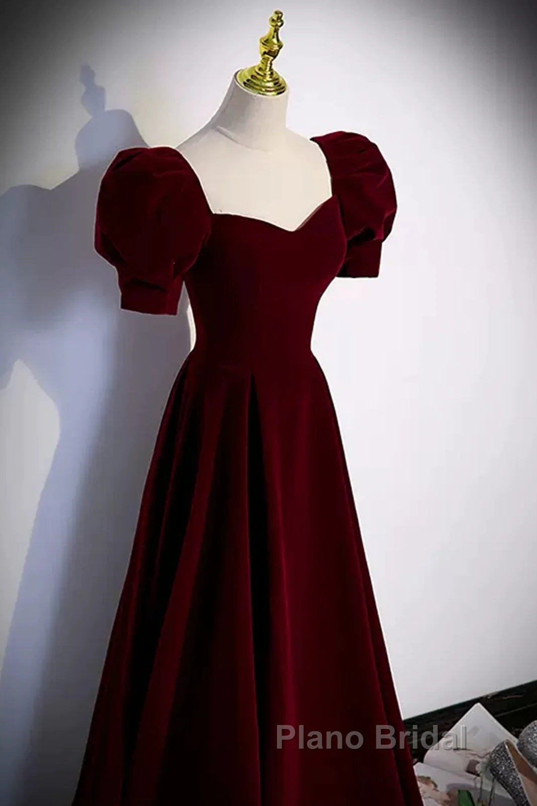 Cute Short Sleeves Burgundy Long Formal Prom Dresses