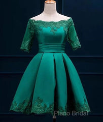 Cute Short Sleeves Satin Knee Length Party Dresses, Short Homecoming Dresses